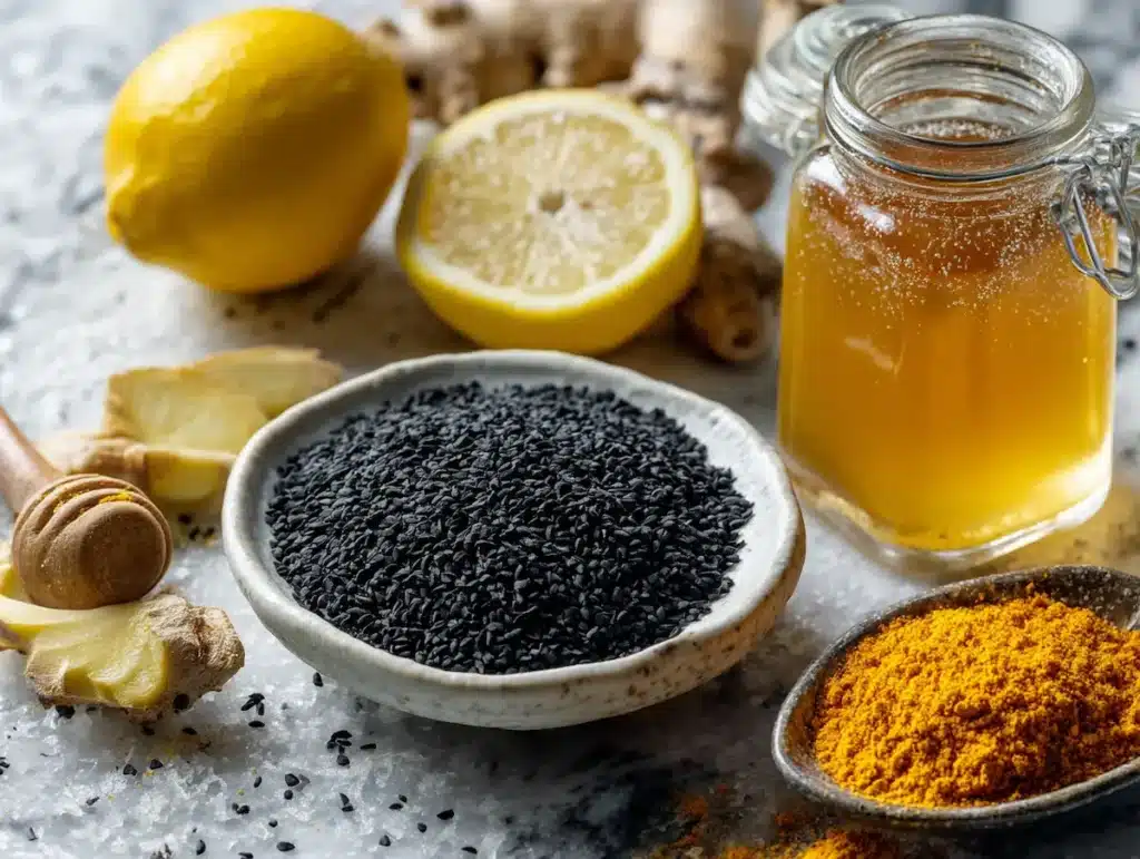 Black seed bitters gut cleanse drink ingredients laid out on white marble