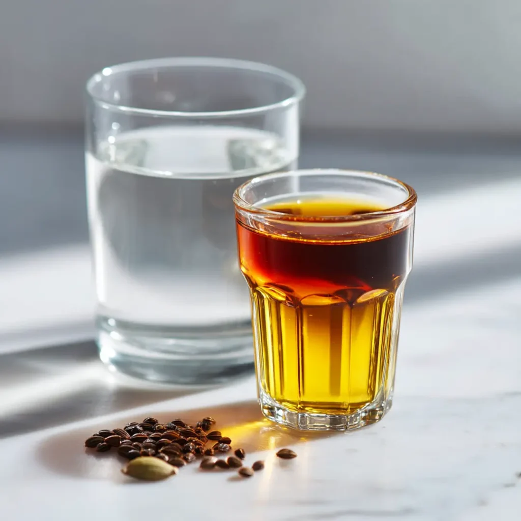 Single morning dose of black seed bitters gut cleanse drink beside glass of warm water