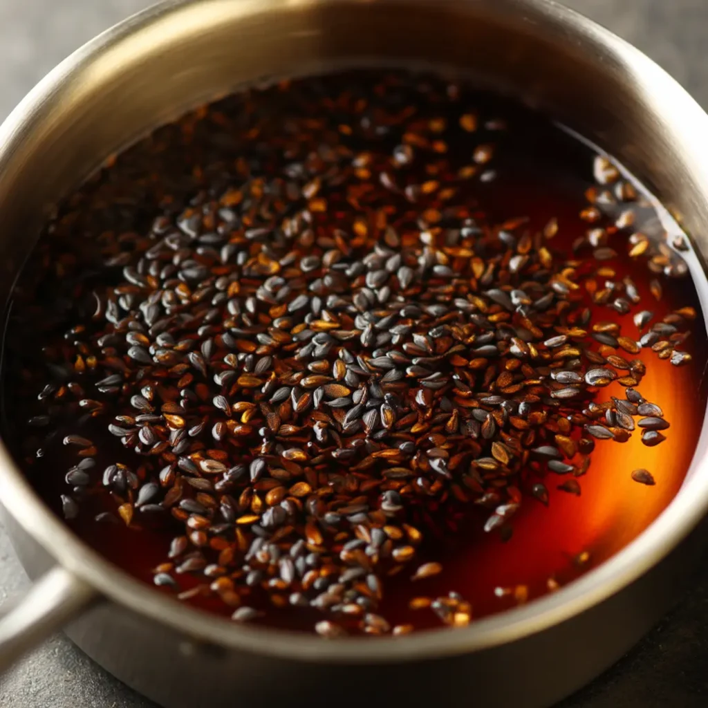 Black seeds simmering in dark amber water in saucepan for gut cleanse bitters
