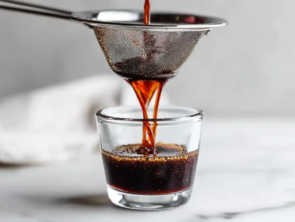 Straining dark amber black seed bitters through fine mesh strainer into clear glass