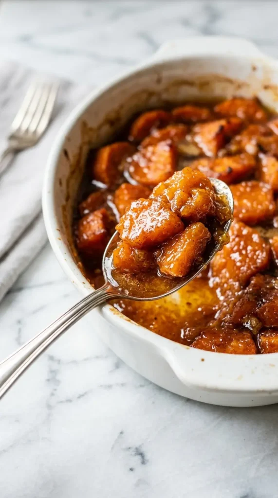 candied-yams-recipe-pinterest Serving a scoop of a healthy candied yams recipe from a white dish.