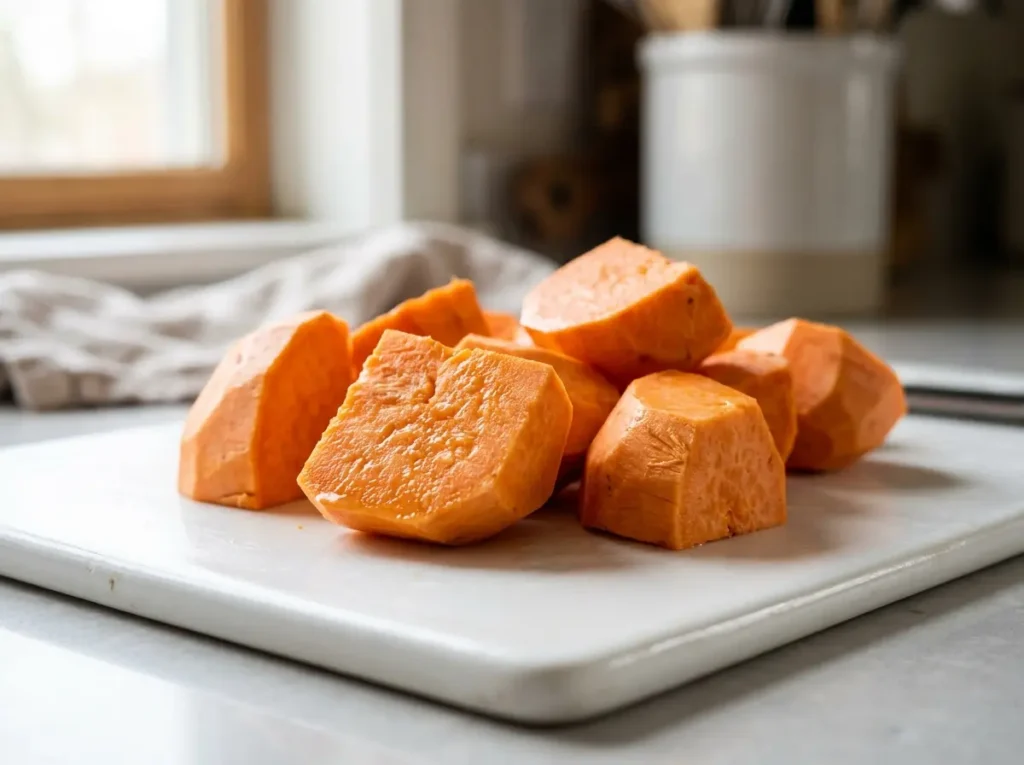 candied-yams-recipe-step-1 Peeling orange flesh sweet potatoes for a healthy candied yams recipe.