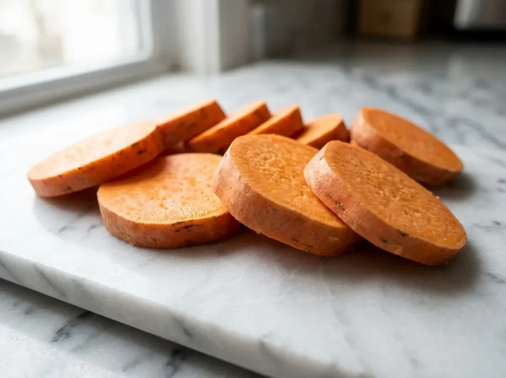 candied-yams-recipe-step-2 Slicing sweet potatoes into uniform rounds for a candied yams recipe.