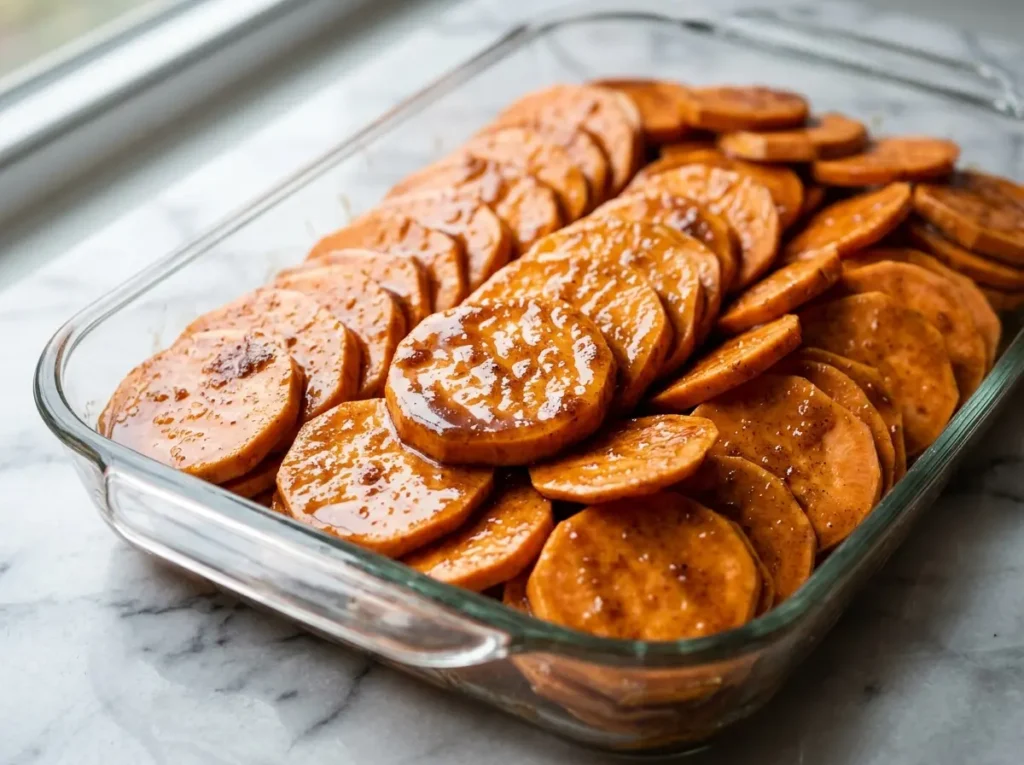 candied-yams-recipe-step-4 Arranging coated sweet potatoes in a glass baking dish for a candied yams recipe.