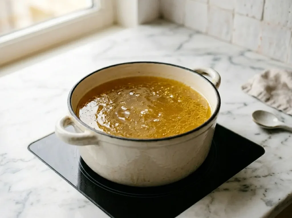 Chicken bone broth in a small pot for a grounding evening dinner
