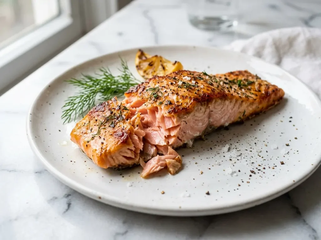 Roasted wild-caught salmon fillet on a white plate
