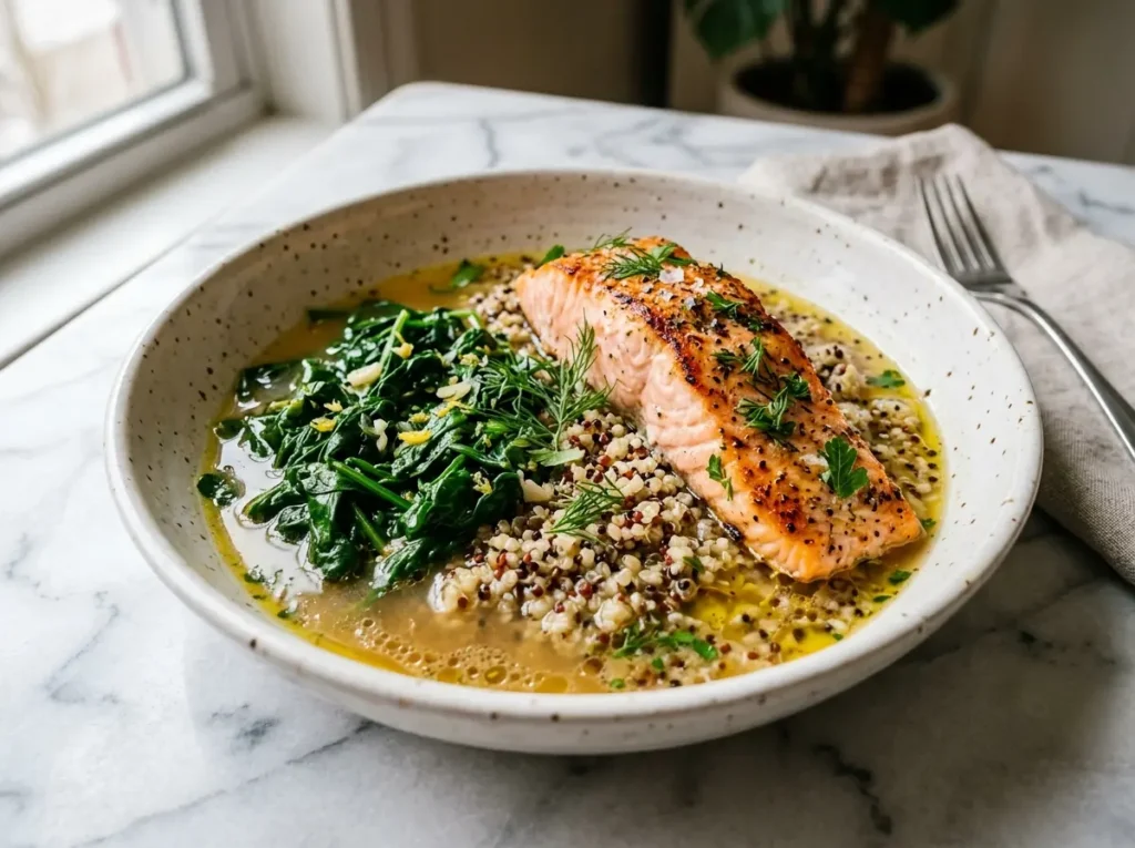 Fully assembled cortisol balancing salmon dinner bowl