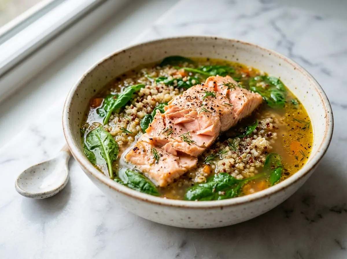 A warm cortisol balancing dinner recipe featuring salmon and bone broth