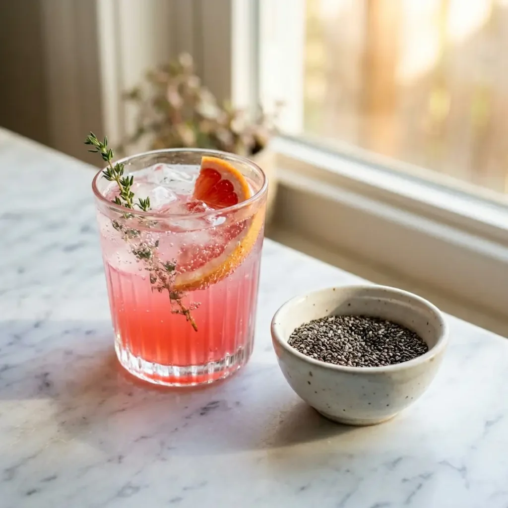 cranberry-strawberry-benefits Pink wellness drink next to a bowl of chia seeds.