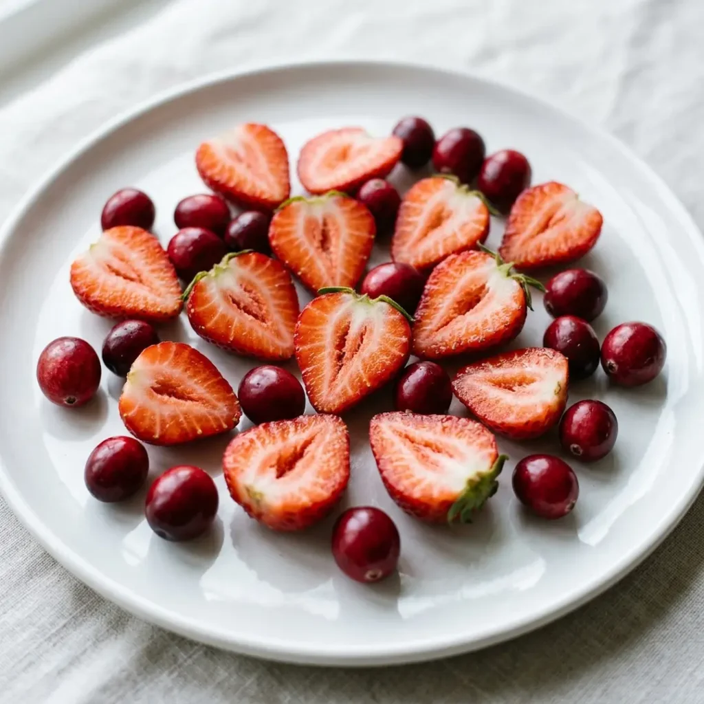 cranberry-strawberry-detail Halved fresh strawberries and whole cranberries on a white plate.