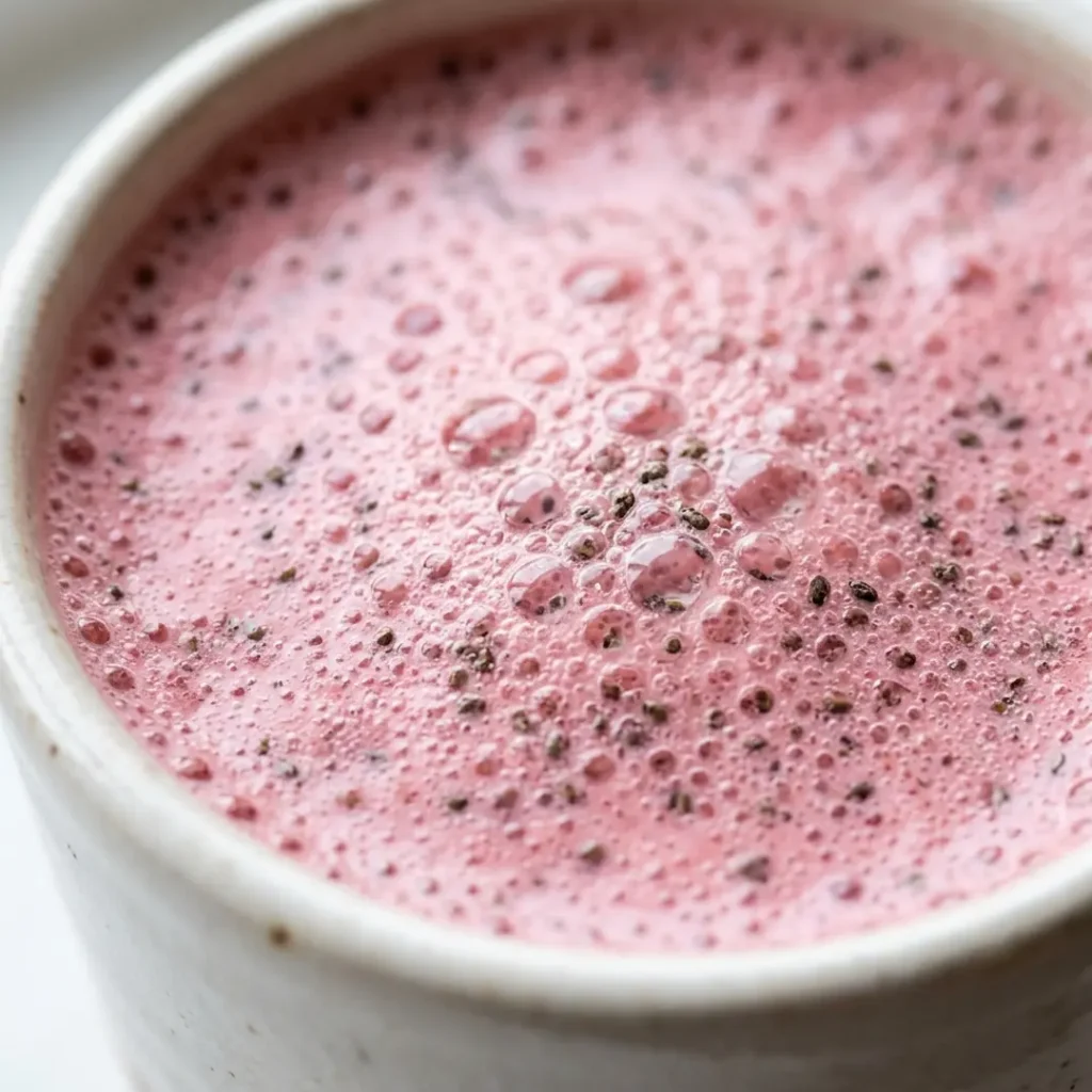 cranberry-strawberry-juice Macro view of the frothy pink surface of the blended beverage.