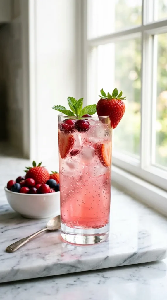 cranberry-strawberry-pinterest Tall glass of cranberry strawberry wellness tonic surrounded by fresh fruit.