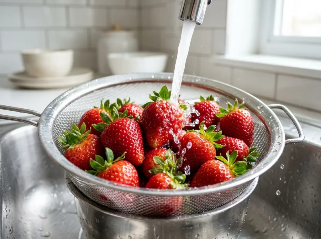 cranberry-strawberry-step-1 Fresh strawberries being washed in a metal colander.
