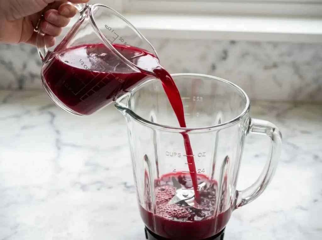 cranberry-strawberry-step-2 Pouring unsweetened cranberry juice into a blender pitcher.