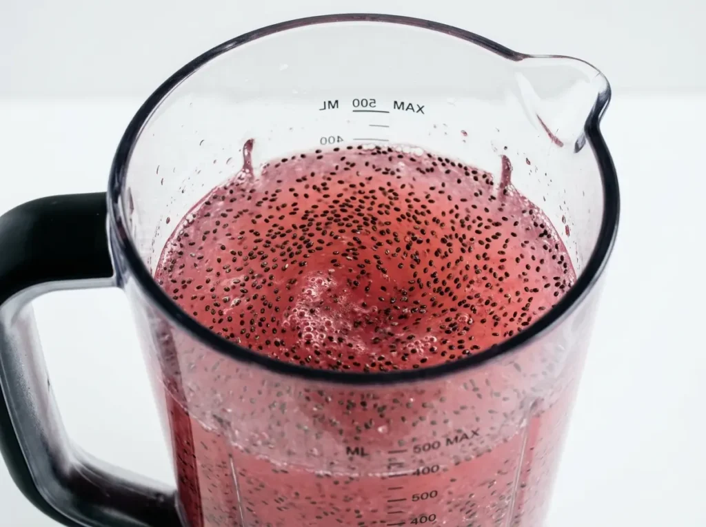 cranberry-strawberry-step-3 Chia seeds resting in cranberry liquid before blending.