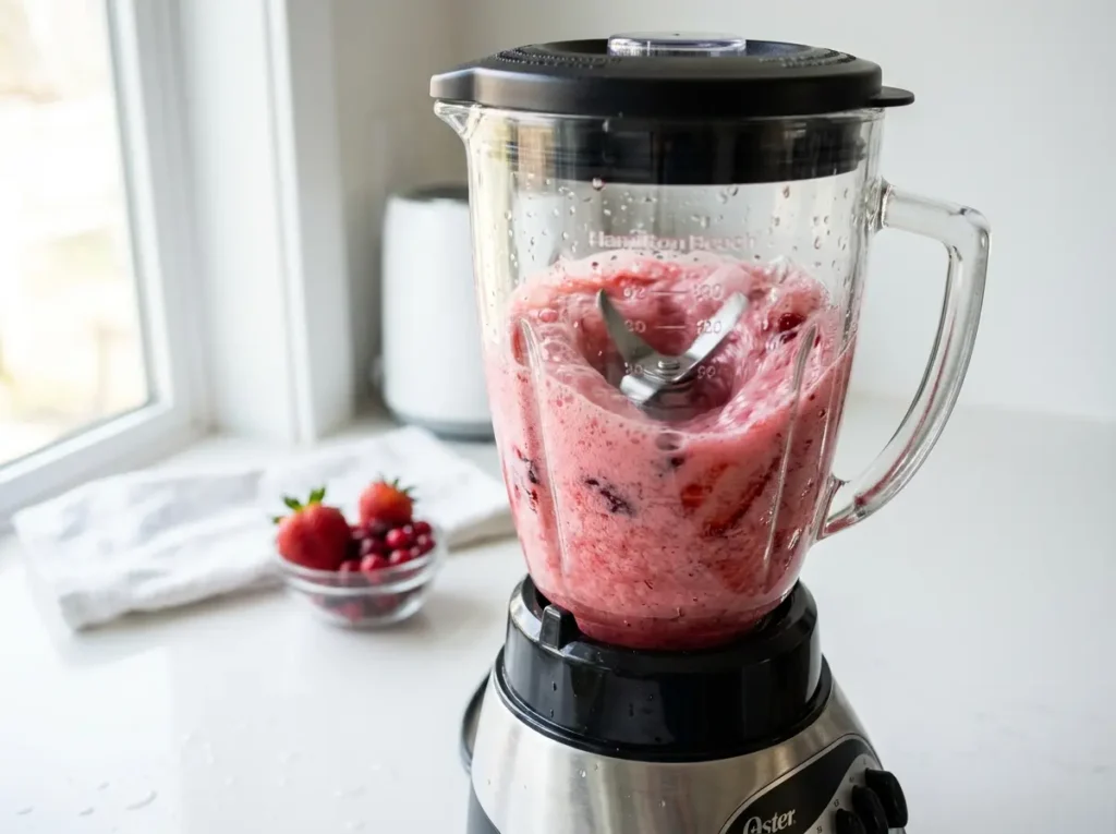 cranberry-strawberry-step-4 Blending the strawberries, cranberry juice, and ice together.