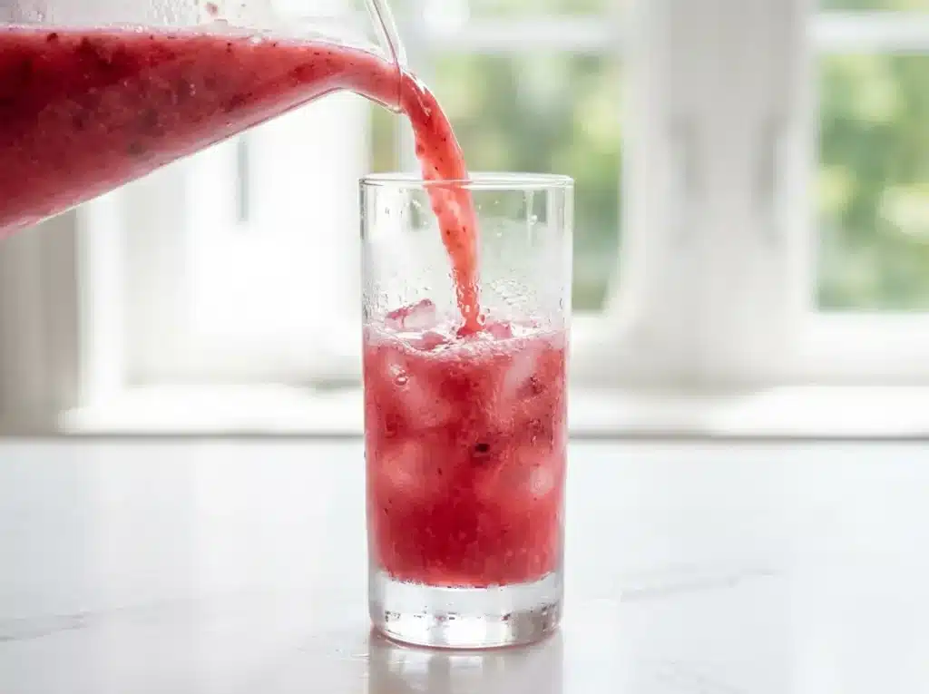 cranberry-strawberry-step-5 Pouring the finished pink wellness tonic into a tall glass.