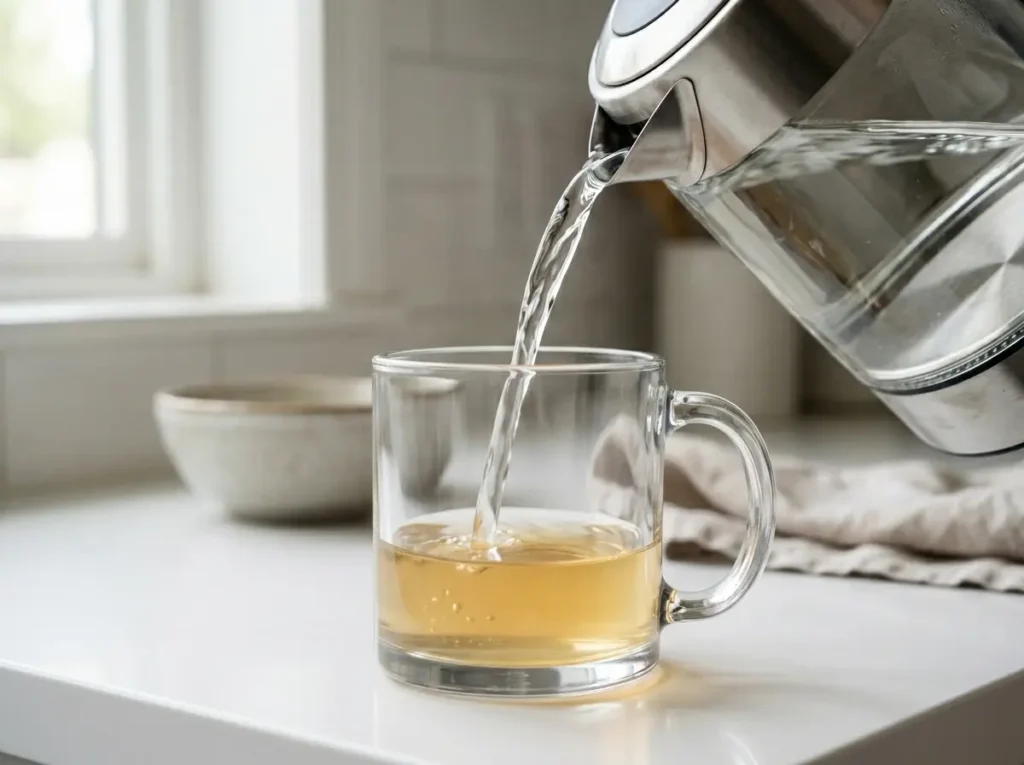 dr-jennifer-gelatin-weight-loss-step-2 Pouring hot water into a mug to dissolve the dr jennifer gelatin weight loss drink.