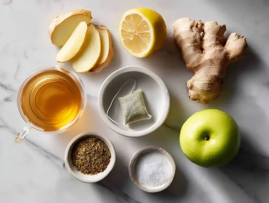 Dr Mindy Pelz fasting drink 7 approved options on white marble 7 Dr Mindy Pelz fasting drink approved options including water yerba mate green tea ACV on white marble