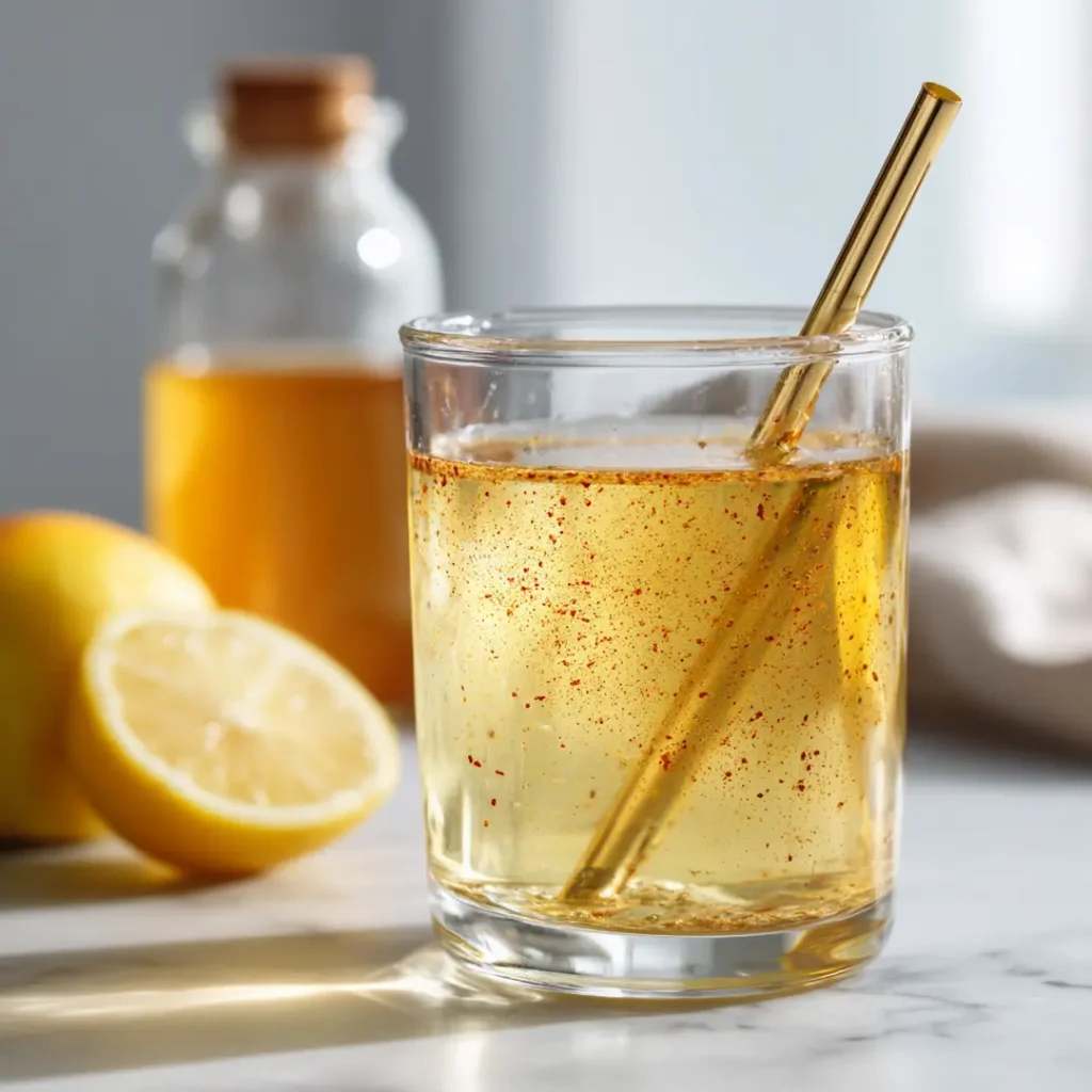 Dr Mindy Pelz ACV lemon cayenne fasting drink in clear glass with straw Apple cider vinegar lemon cayenne fasting drink in clear glass with straw on white marble