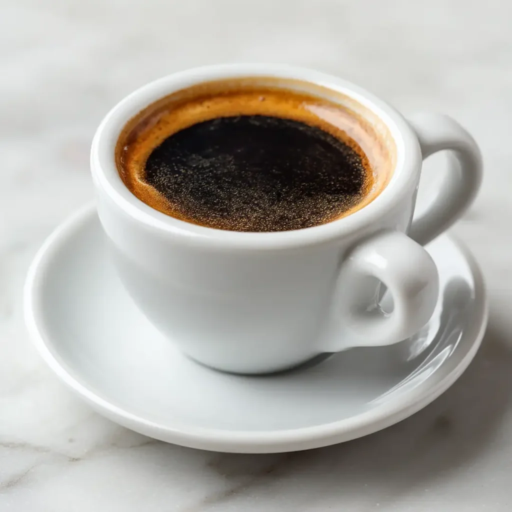 Black coffee approved fasting drink Dr Mindy Pelz recommendation in white ceramic cup Black coffee in small white ceramic cup on white marble as Dr Mindy Pelz approved fasting drink