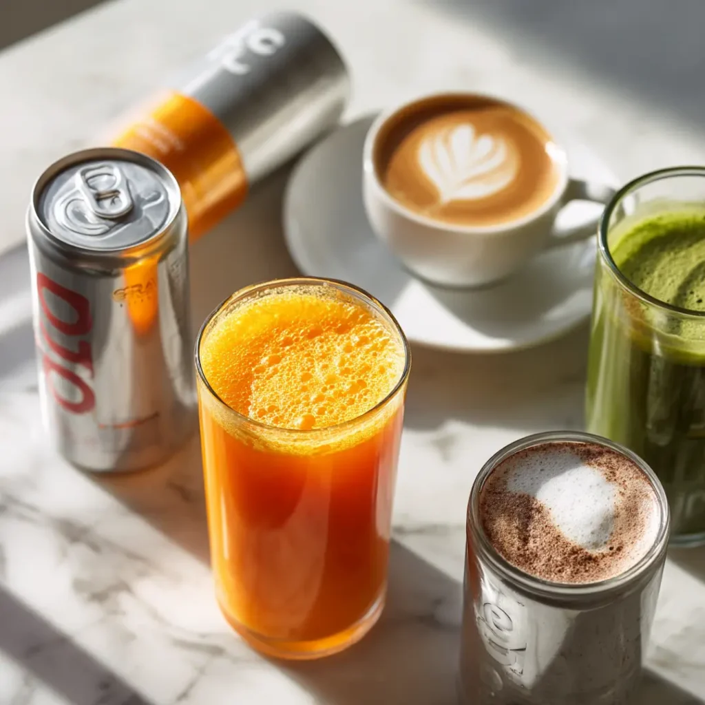 Drinks that break a fast Dr Mindy Pelz warning list juice diet soda flavored coffee Drinks that break a fast according to Dr Mindy Pelz including juice diet soda and sweetened coffee on white marble