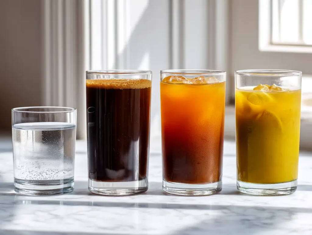 Dr Mindy Pelz fasting drink daily ritual schedule morning to evening on white marble Dr Mindy Pelz fasting drink daily ritual sequence black coffee yerba mate ACV water lined up on white marble