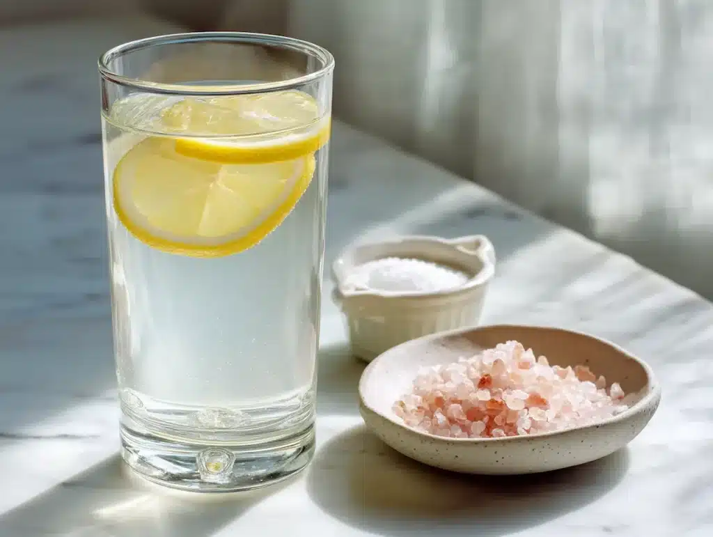 Dr Mindy Pelz mineral electrolyte fasting water recipe with pink salt and lemon Mineral electrolyte fasting water with pink salt lemon and cream of tartar in clear glass on white marble