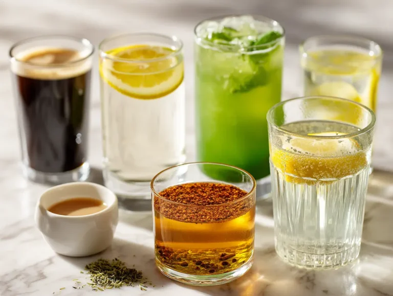 Dr Mindy Pelz fasting drink approved tonics yerba mate green tea ACV water on white marble