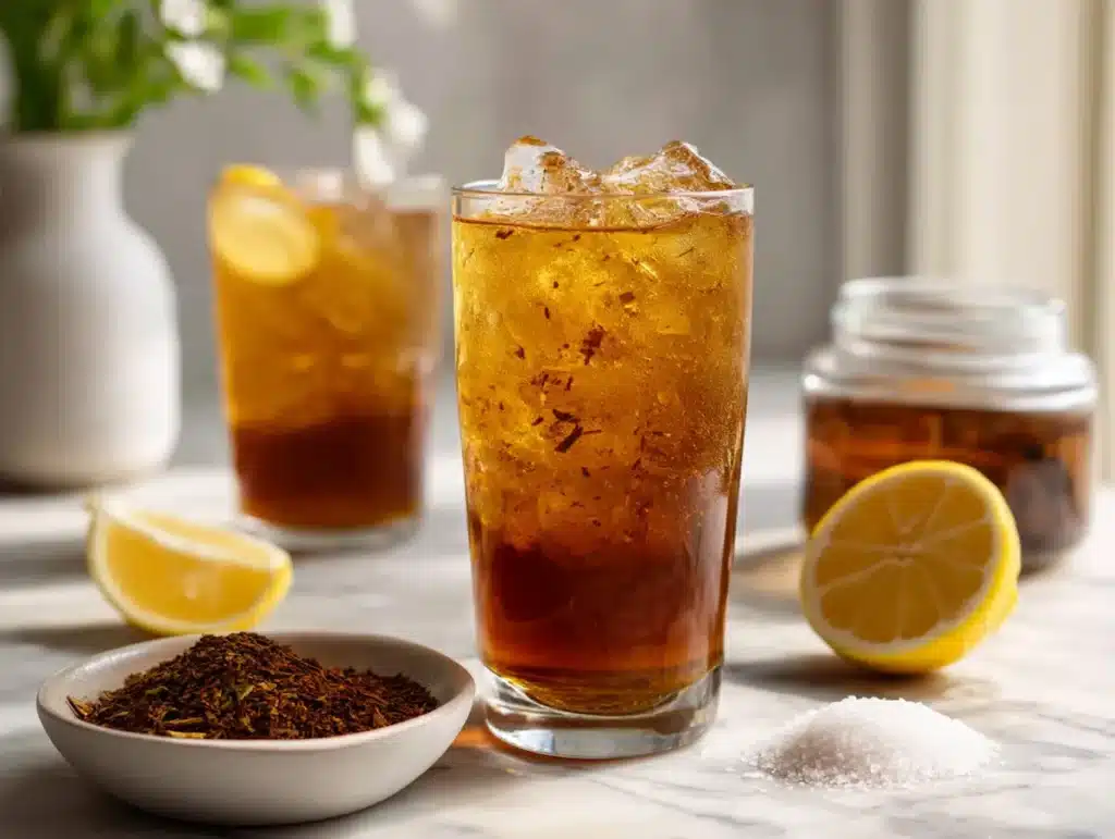 Homemade Dr Mindy Pelz yerba mate fasting tonic recipe on white marble Homemade yerba mate fasting tonic with lemon and sea salt in tall glass beside loose leaf tea on white marble