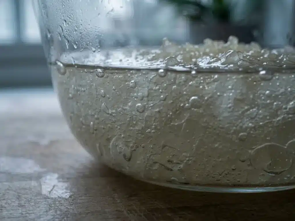 unflavored gelatin powder swelling and blooming in cold water inside glass bowl for dr william li gelatin recipe tonic step 1 five minutes