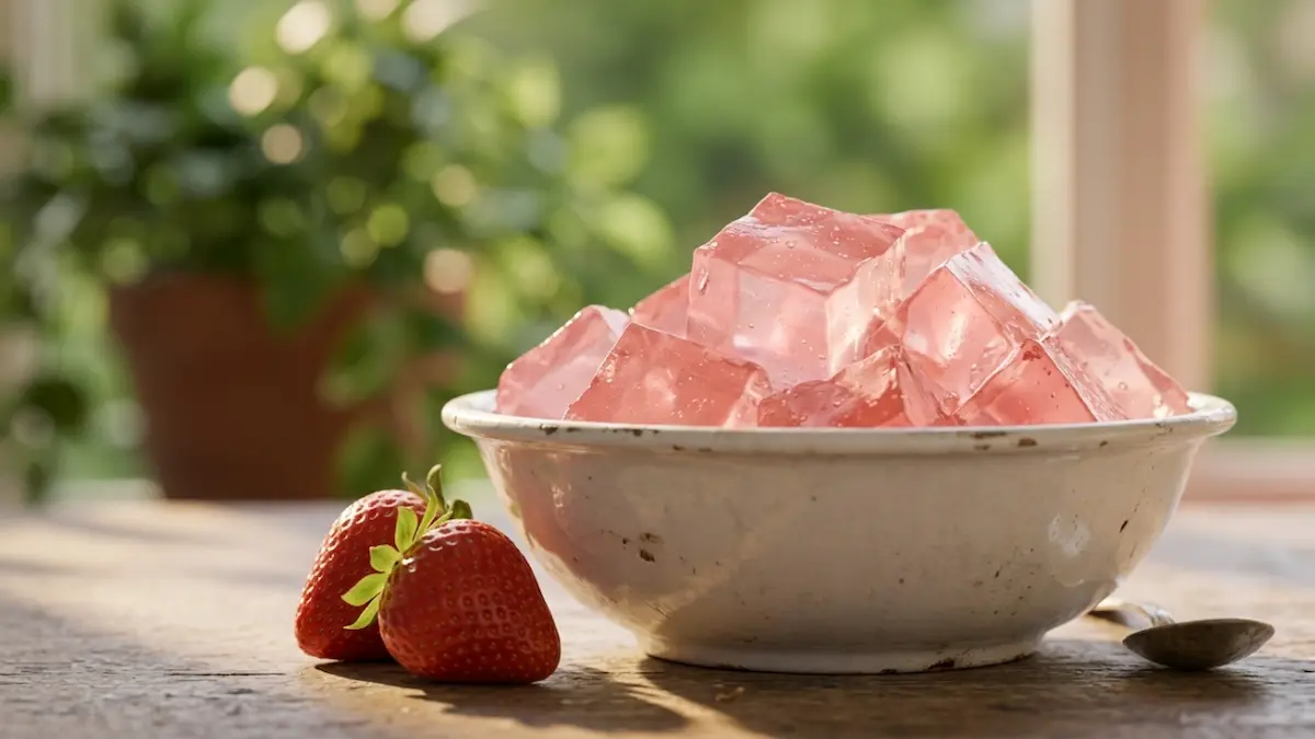 dr william li gelatin recipe daily tonic plan pink wobbly protein cubes served in white ceramic bowl with fresh strawberries beside them