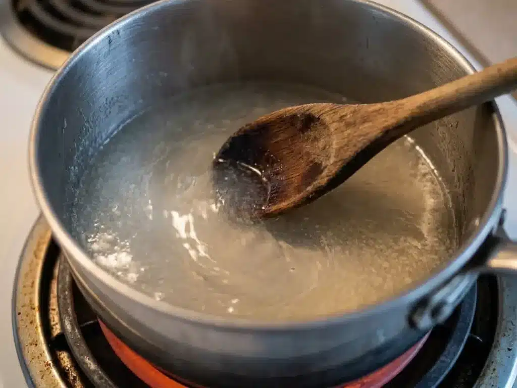 wooden spoon stirring bloomed gelatin dissolving into warm water in small saucepan for dr william li gelatin recipe daily tonic step 2 never boil