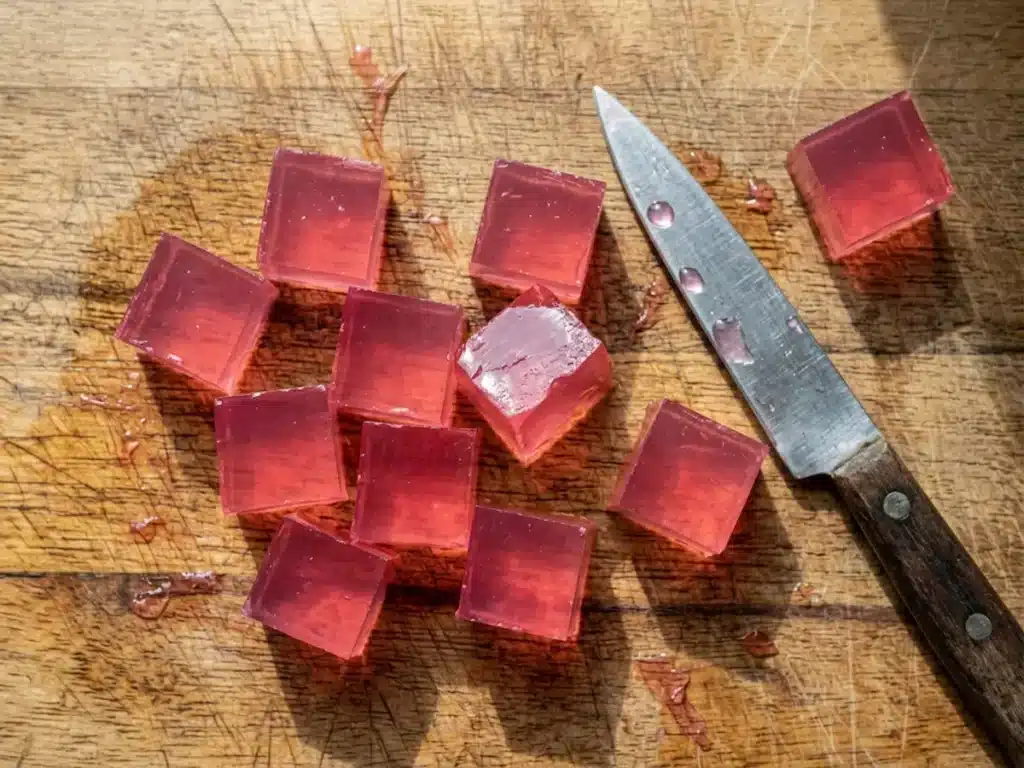 freshly cut dr william li gelatin recipe daily tonic pink protein cubes on worn wooden cutting board knife resting beside them ready to serve chilled