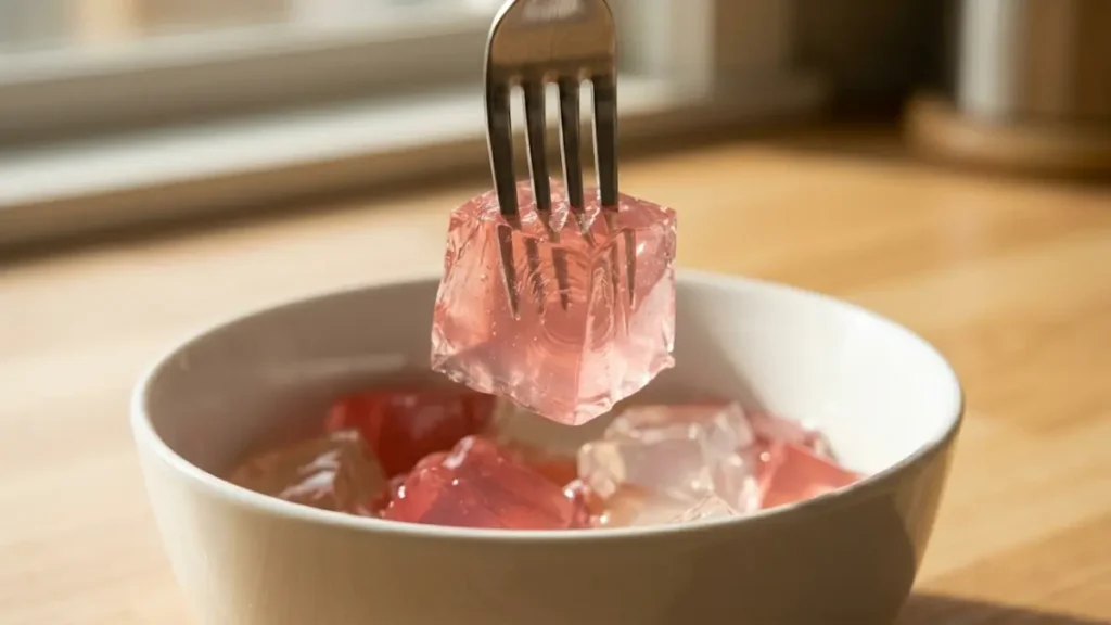 fork spearing single wobbly pink gelatin cube above white bowl showing soft jiggly tonic texture of dr william li gelatin recipe daily tonic weight loss snack