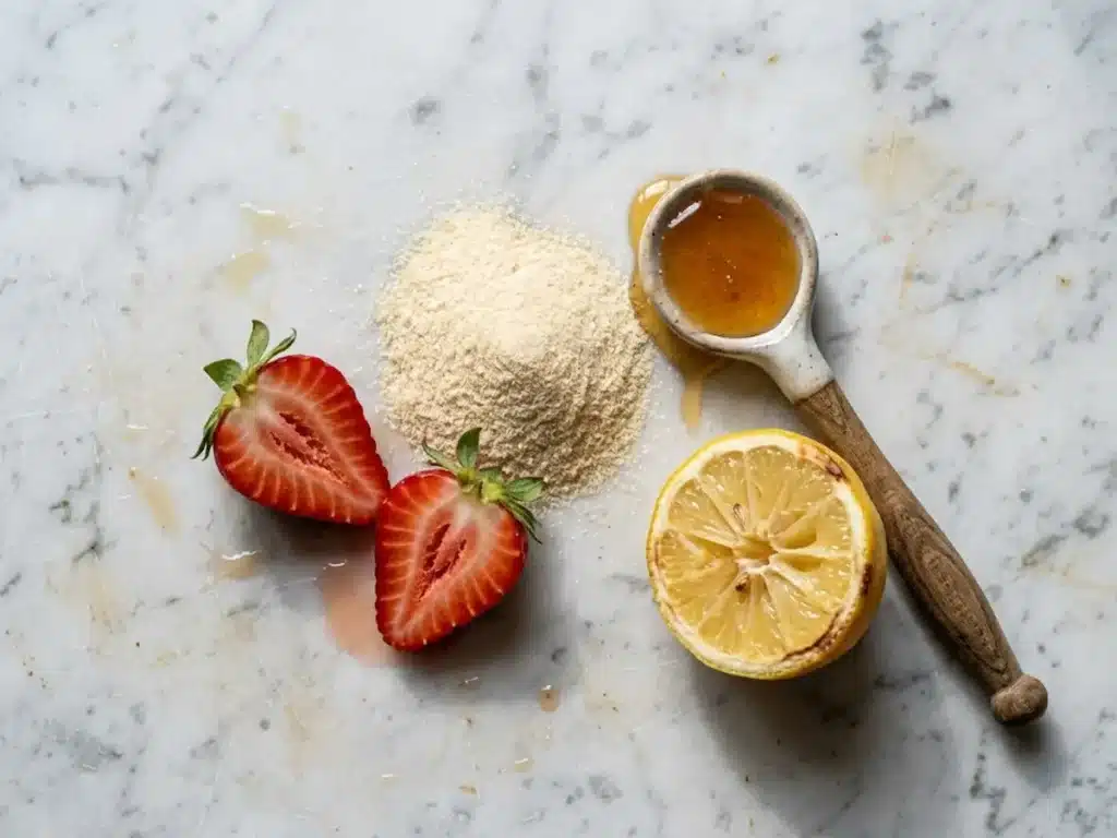 dr william li gelatin recipe daily tonic ingredients showing unflavored gelatin powder fresh strawberries honey drizzle and halved lemon on kitchen counter