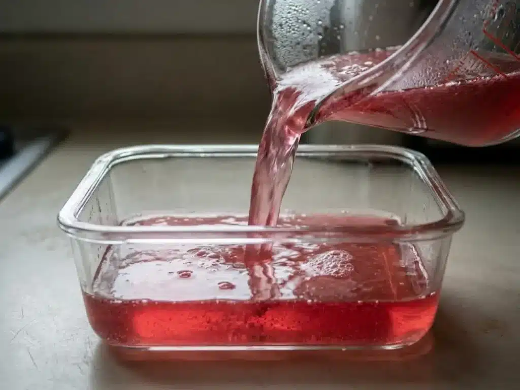 pink gelatin tonic liquid being poured mid-stream from glass measuring cup into rectangular glass container for dr william li gelatin recipe step 4 refrigerate