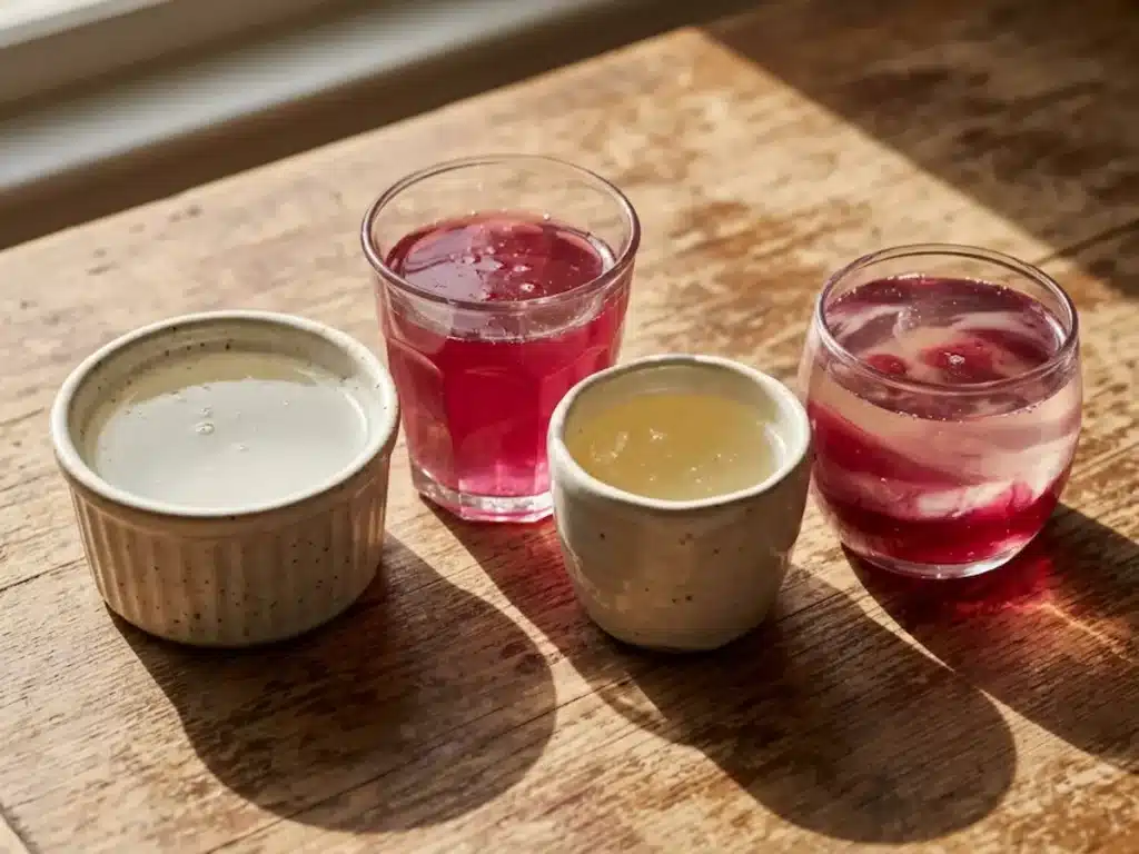 four daily tonic variations of dr william li gelatin recipe in mismatched ramekins showing plain pink citrus lemon and layered marbled versions on wooden surface
