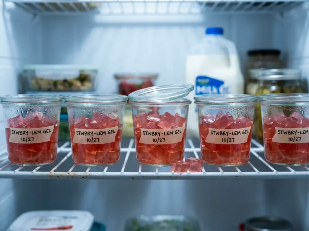 five glass containers packed with dr william li gelatin recipe daily tonic pink cubes stored in refrigerator weekly meal prep monday to friday batch