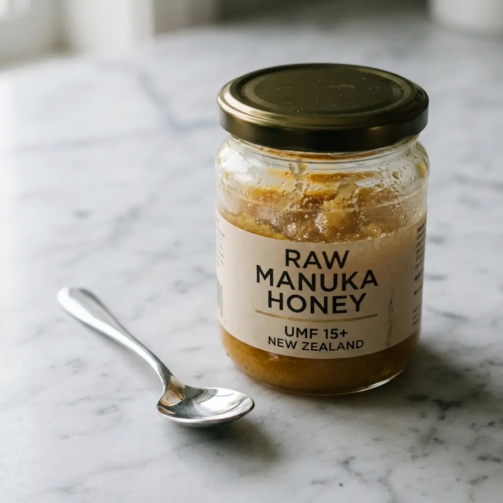 A jar of raw Manuka honey with a silver spoon