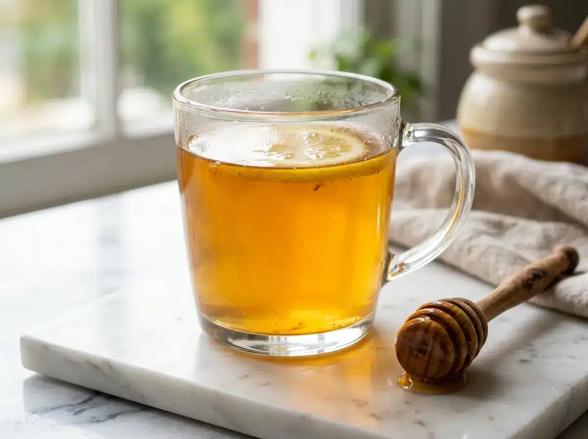 A warm Dr. William Li honey tonic in a clear glass mug