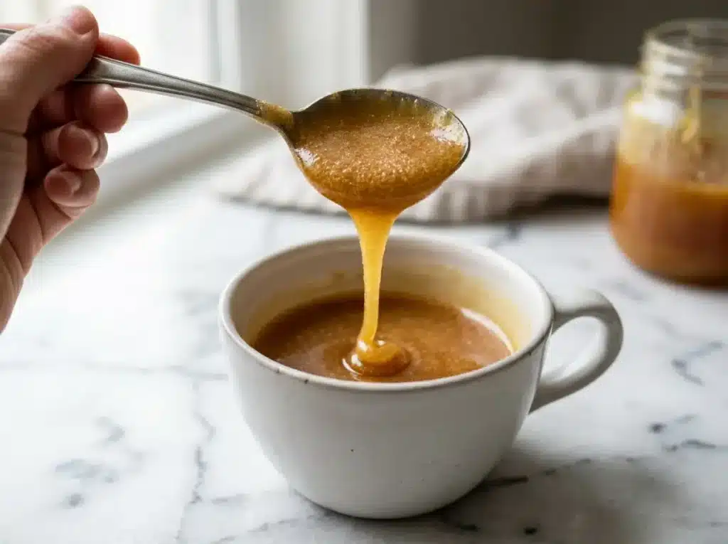Thick raw Manuka honey dripping into a mug