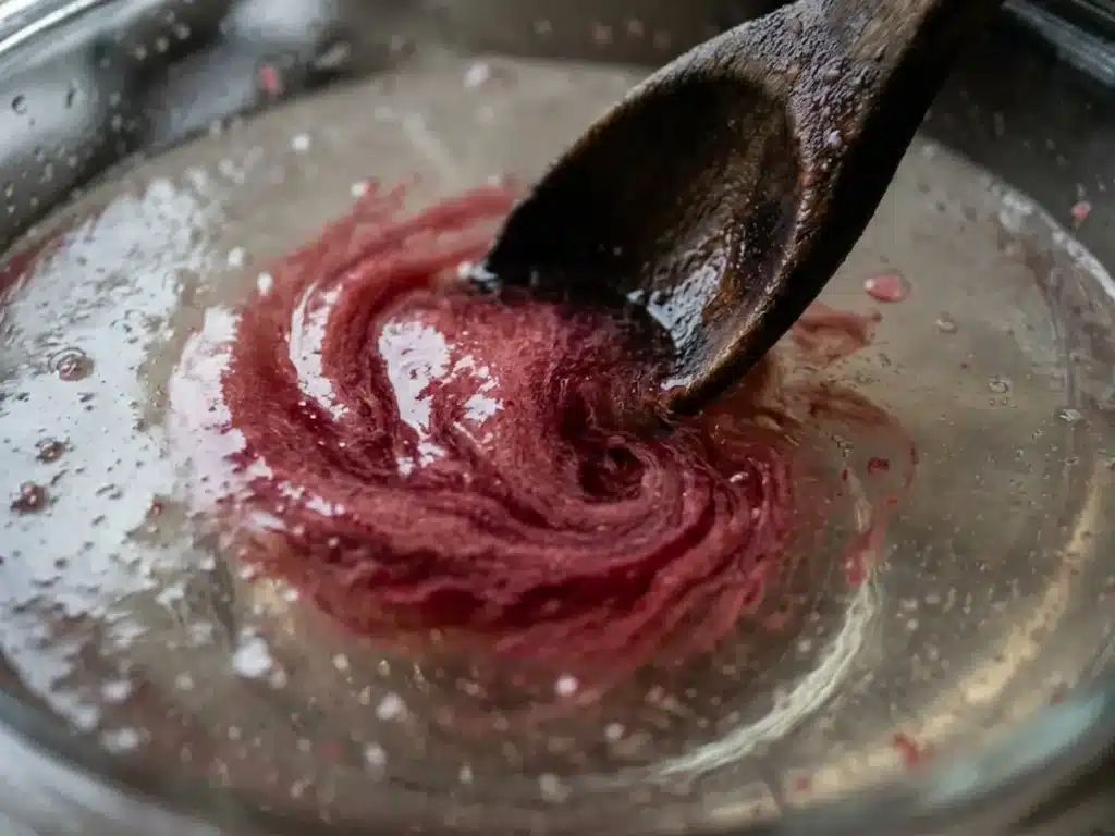 deep pink strawberry puree swirling mid-stir into clear gelatin liquid glass bowl for dr william li pink gelatin recipe daily tonic variation step 3