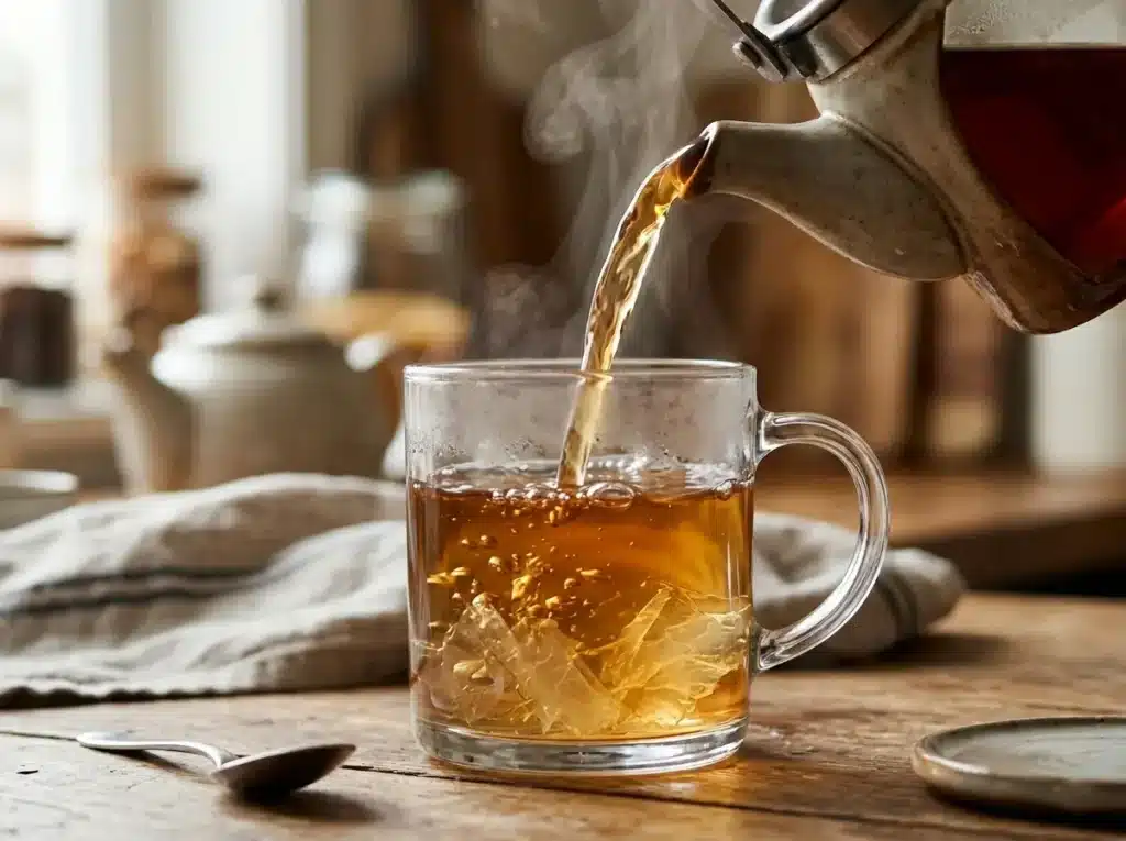 gelatin-step-2-pouring-hot-liquid Pouring hot tea into bloomed gelatin for a weight loss recipe.