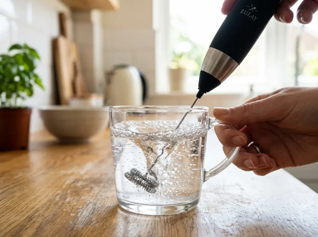 gelatin-step-3-frothing Frothing a gelatin weight loss tonic to ensure it is fully dissolved.