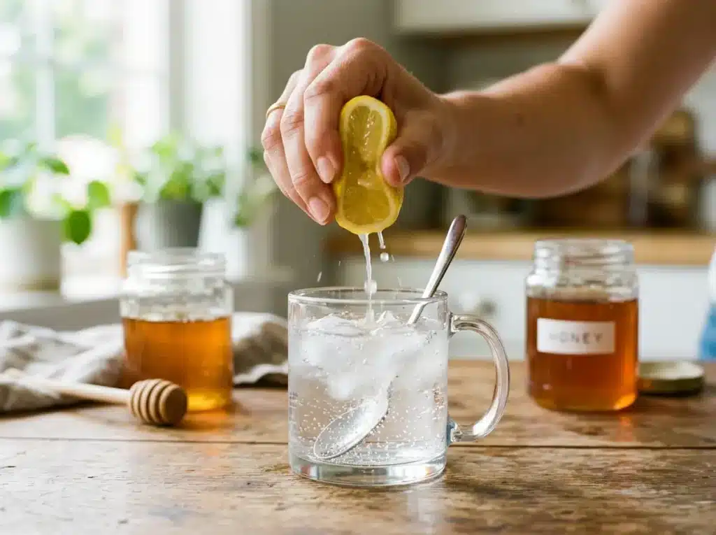 gelatin-step-4-lemon-honey Adding lemon and honey to a gelatin weight loss trick recipe.