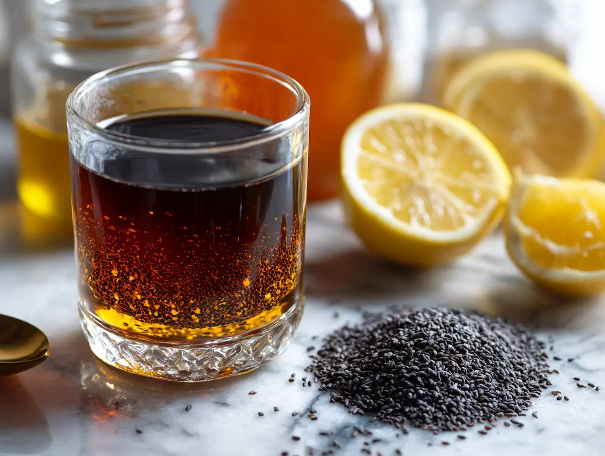 Black seed bitters gut cleanse drink in shot glass on white marble