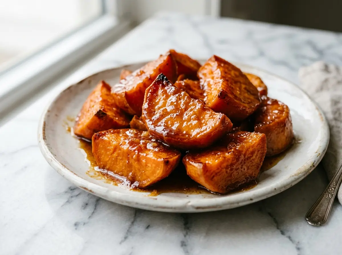 A finished wellness candied yams recipe served on a white marble surface.