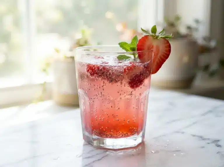 Glass of fresh cranberry strawberry tonic with a fresh berry garnish.