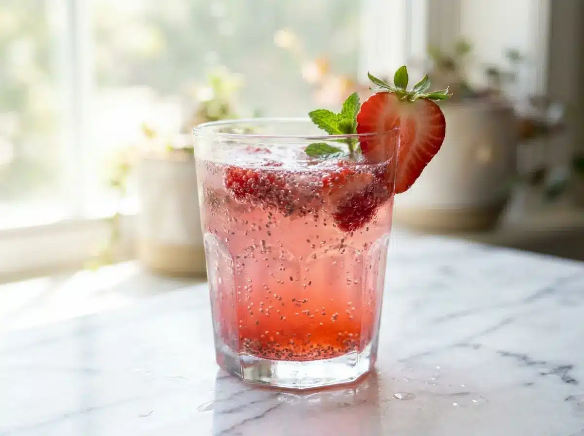 Glass of fresh cranberry strawberry tonic with a fresh berry garnish.